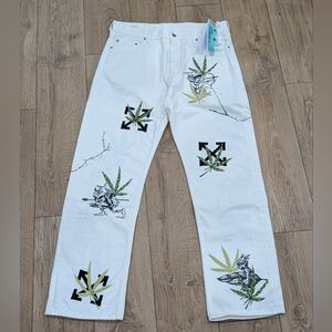 $2840 Mens OFF-WHITE Leaf Embroidered Logo Skate Fit Jeans Off-White 33